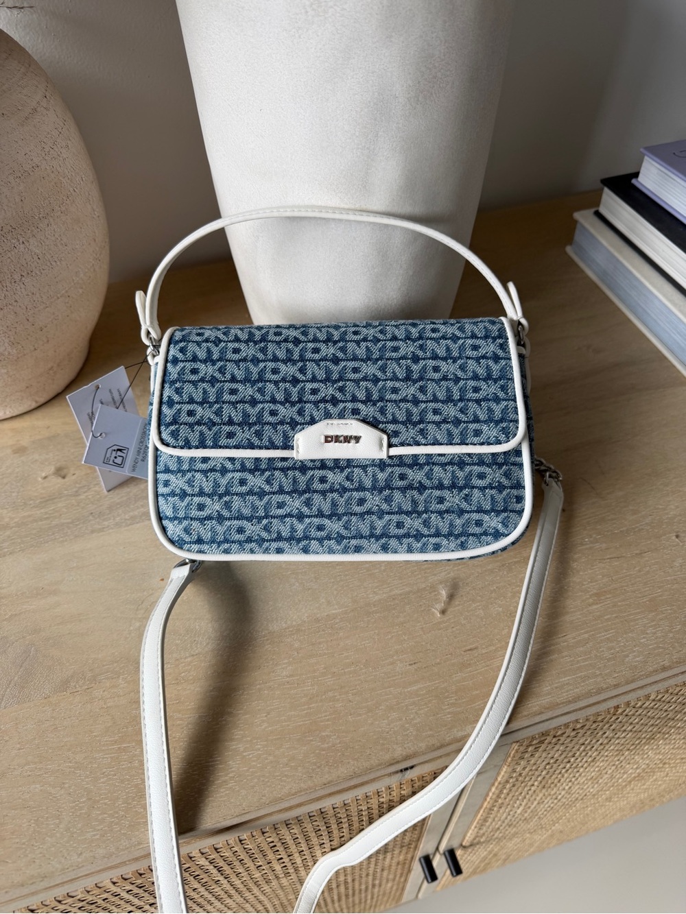 DKNY Blue Jacquard Logo Crossbody with White Trim